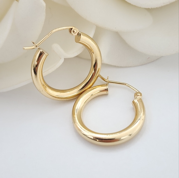 14k Gold 3MM Round Hollow Polished Hoop Earrings - 20MM - Picture 1 of 5